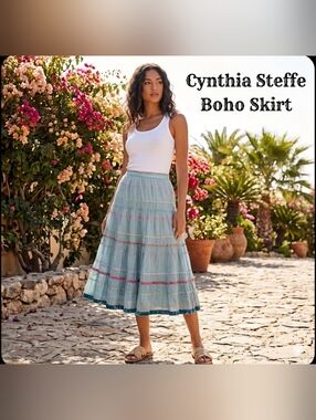 Cynthia Steffe Light Blue Tiered Midi Skirt with Pink Accent